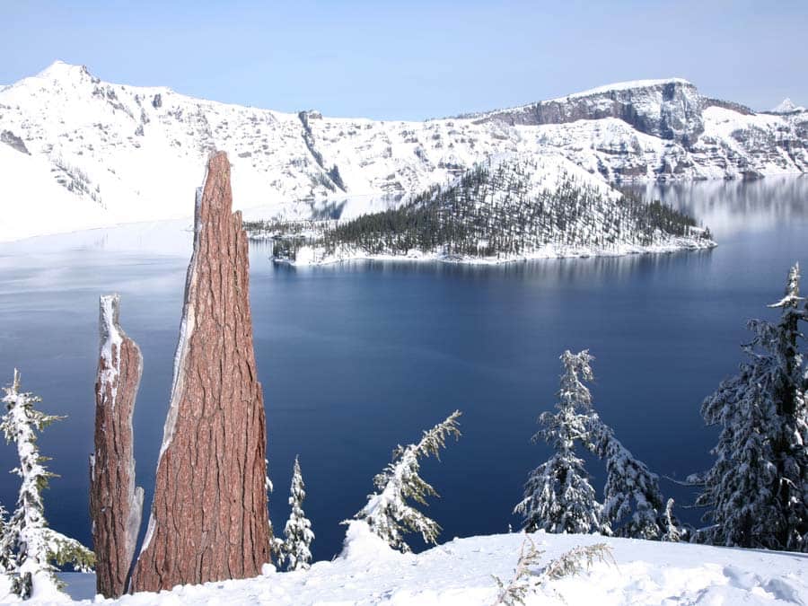 Crater Lake, covered in snow
